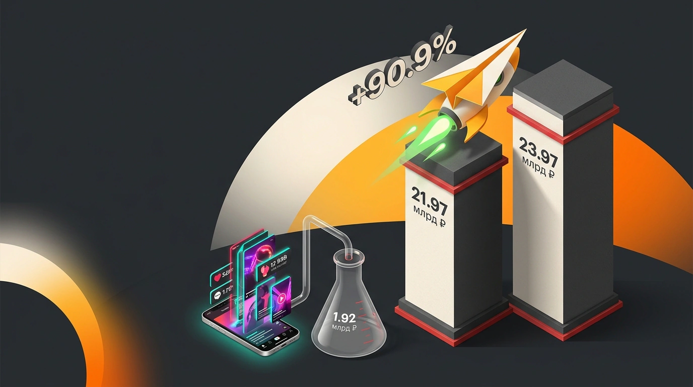 Инфографический барометр рекламного рынка блогеров с взлетающей ракетой Telegram рядом с YouTube и скромным счетчиком TikTok.