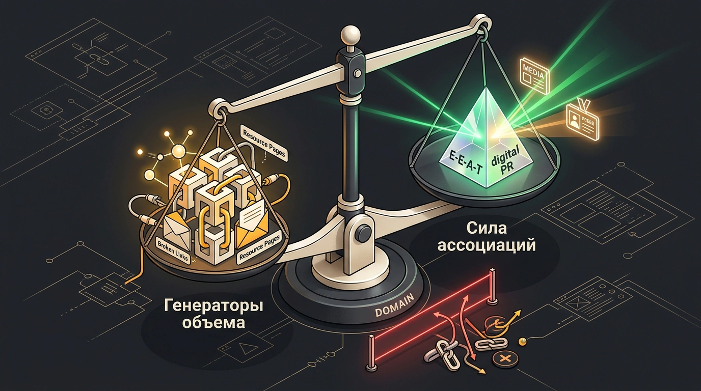 Сбалансированные весы стратегий линкбилдинга с генераторами ссылочного объема и экспертными брендовыми магнитами.