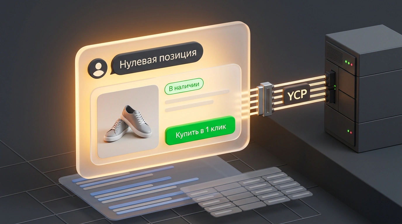 Изометрическая иллюстрация перехода к AI-поиску: карточка диалогового ассистента Алисы на нулевой позиции с быстрой покупкой и шиной протокола YCP над уходящими вглубь строками ссылок.