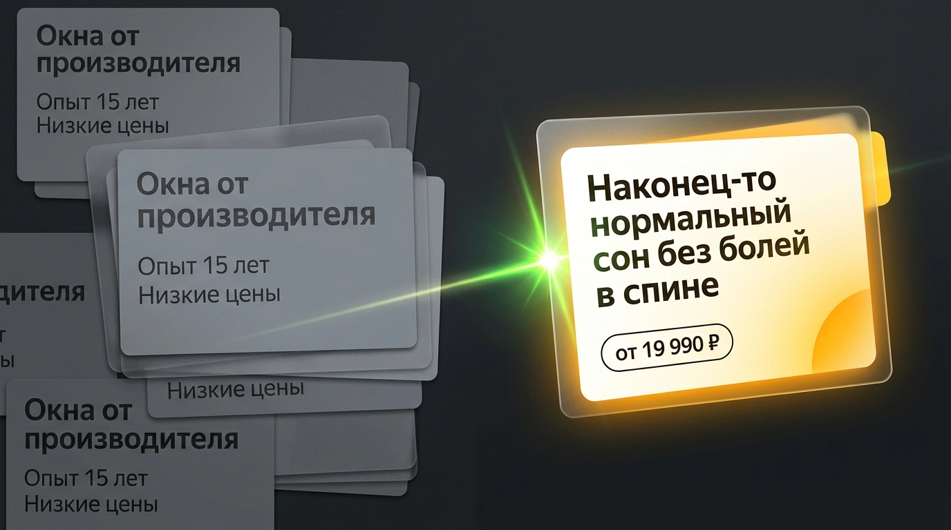 Контрастное сопоставление серого шаблонного рекламного блока и яркого эмоционального объявления в поиске, привлекающего внимание читателя.