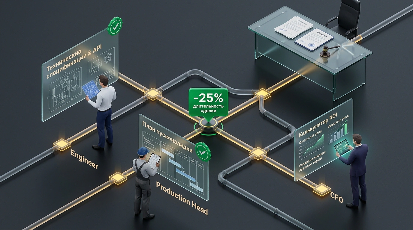 Сегментированная карта пути B2B-клиента с адресными информационными пакетами для инженера, руководителя производства и финансового директора.