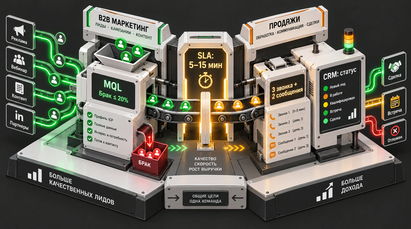 Инфографическая изометрическая схема регламента SLA между маркетингом и продажами со шлюзами нормативов обработки лидов.
