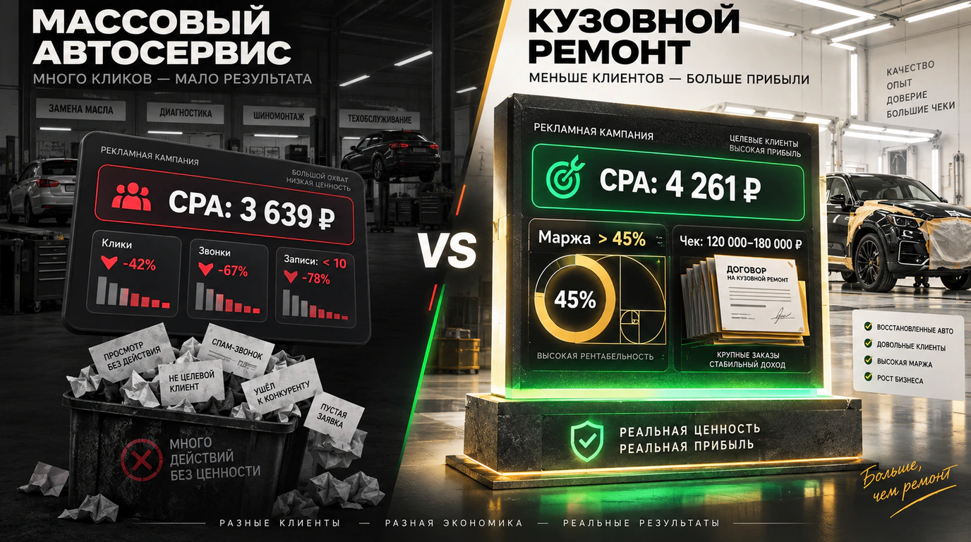 Сравнительная инфографика двух сценариев рекламы: иллюзорный дешевый трафик автосервиса против высокомаржинального кузовного ремонта.
