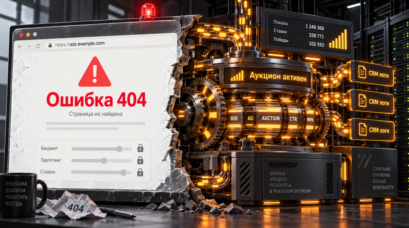 Концептуальный коллаж парадокса серверного сбоя: заблокированный интерфейс Директа и непрерывно работающий рекламный аукцион.