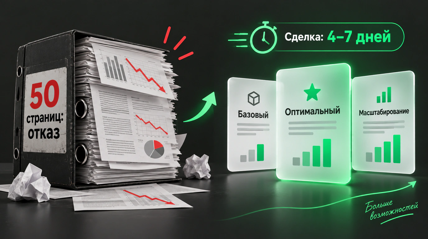 Концептуальное сравнение тяжелого 50-страничного КП и трех лаконичных карточек тарифов коммерческого предложения.