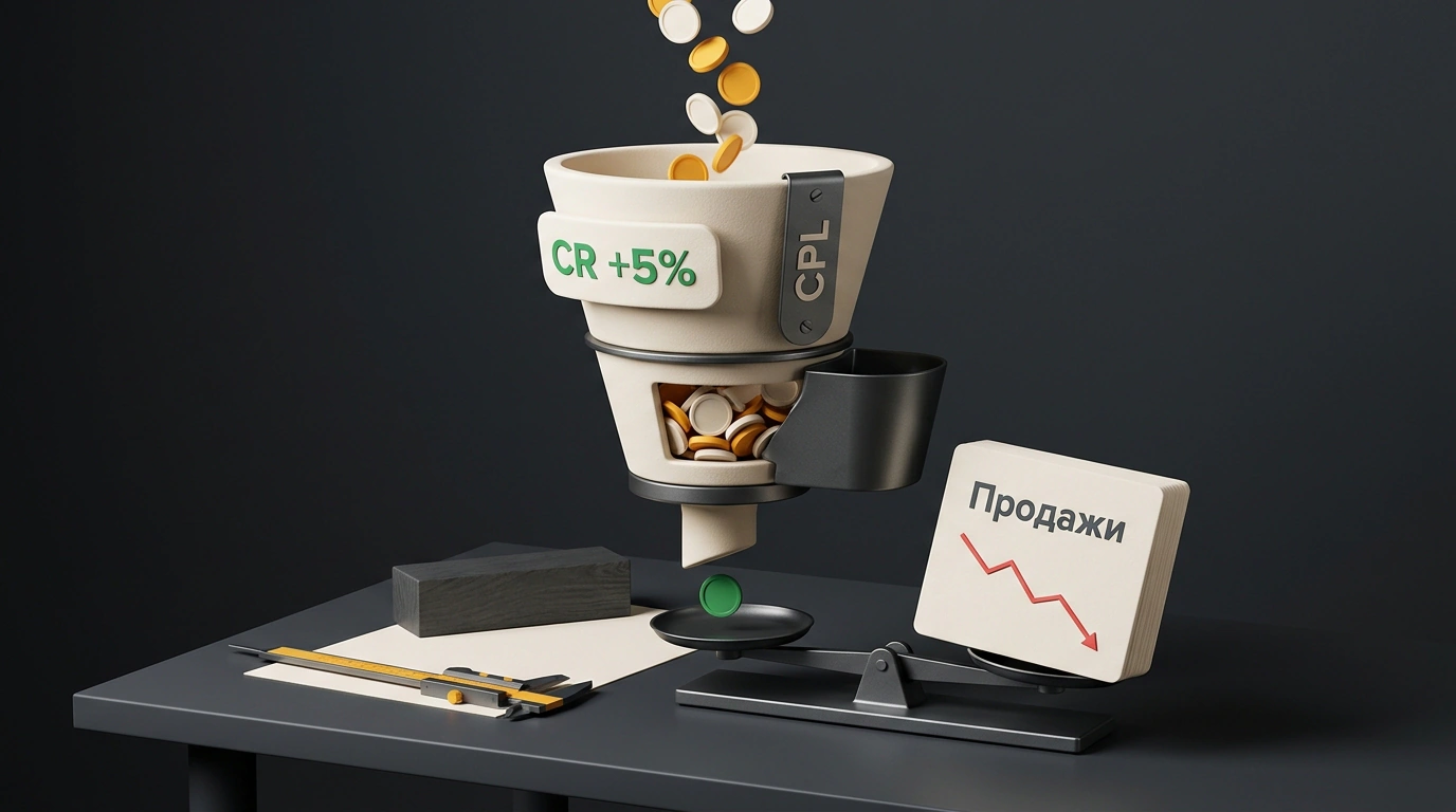 Концептуальный натюрморт с моделью воронки продаж, балансировочными весами и метриками конверсии на графитовом столе.