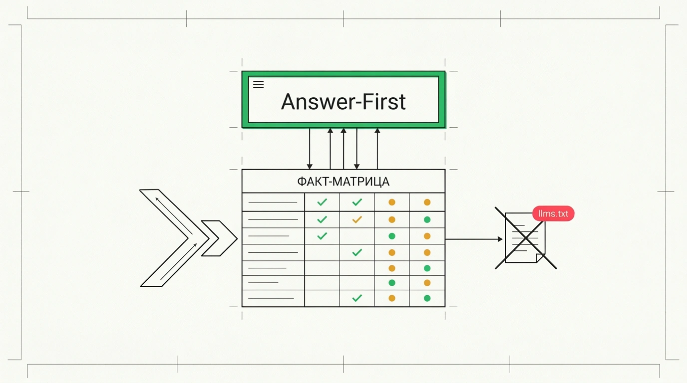 Инфографический чертёж архитектуры сайта по принципу Answer-First и факт-матрицы для генеративного поиска