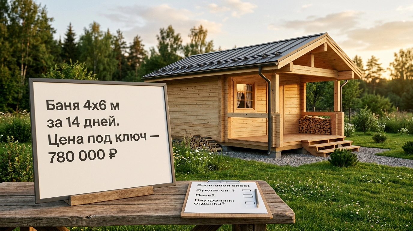 Реалистичная фотография готовой деревянной бани на участке с баннером стоимости и нативными лид-формами.