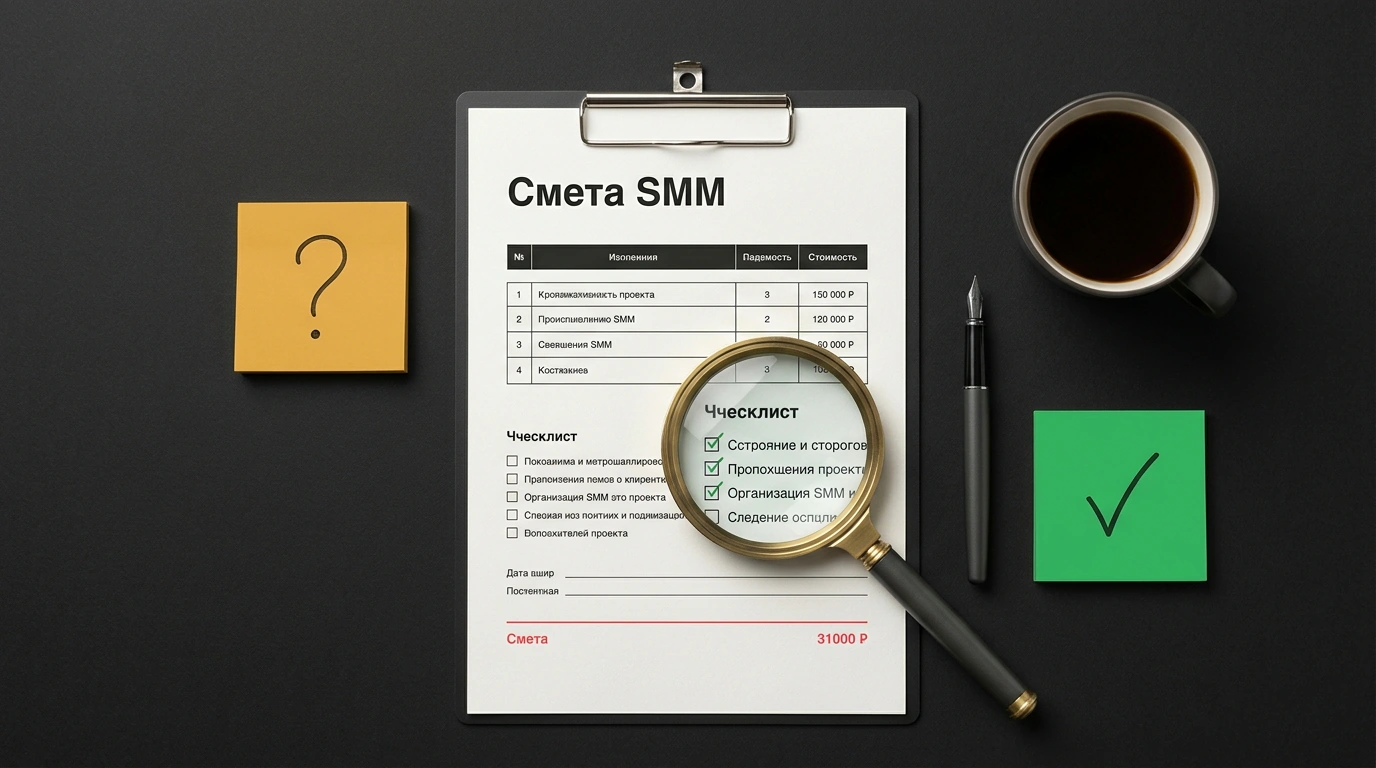 Натюрморт на рабочем столе с проектной сметой SMM, контрольным списком и увеличительным стеклом