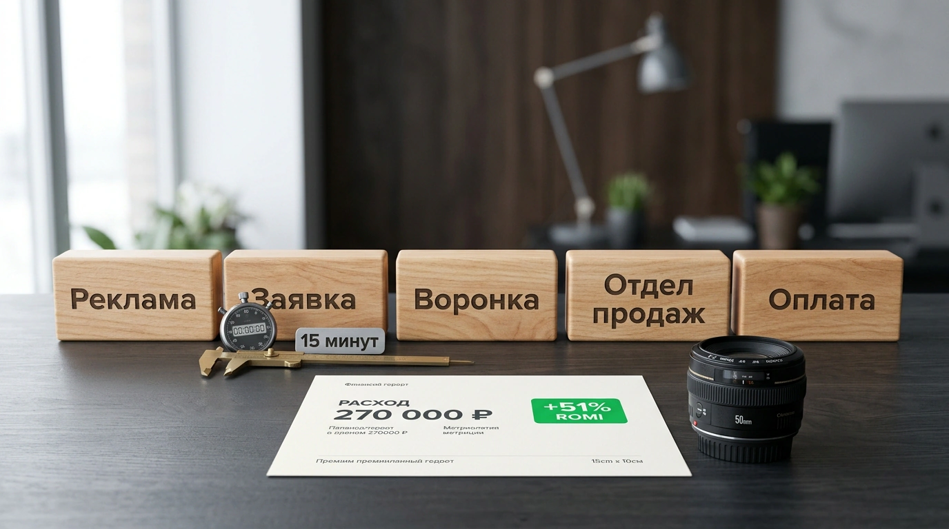 Деревянный конструктор звеньев воронки онлайн-школы с проверкой окупаемости на тёмном столе