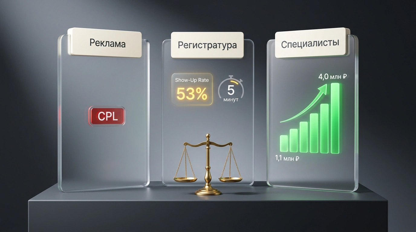 Аналитическая панель из трёх стеклянных блоков с разделением зон ответственности коммерческого отдела