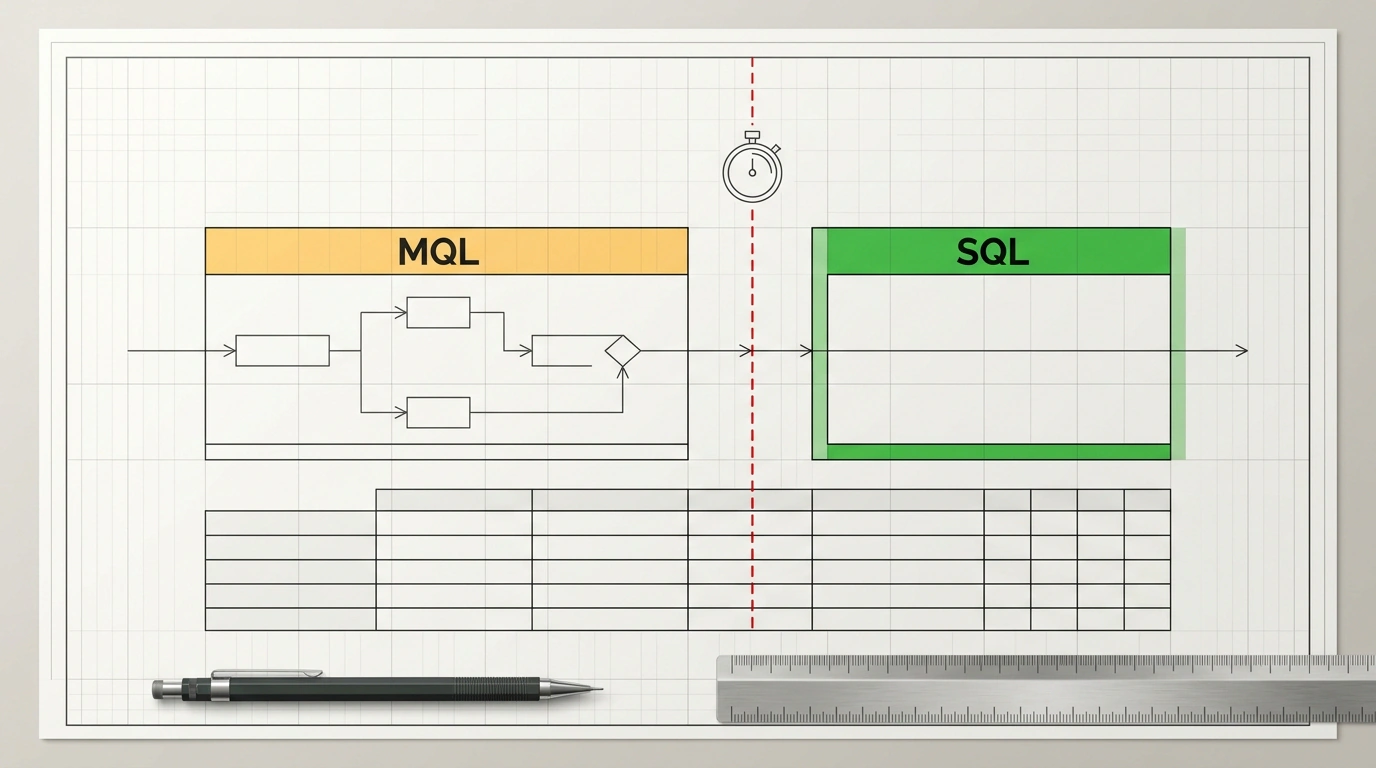 Инфографический чертёж воронки B2B-продаж: разделение этапов MQL и SQL со скоринговой таблицей на миллиметровой бумаге.