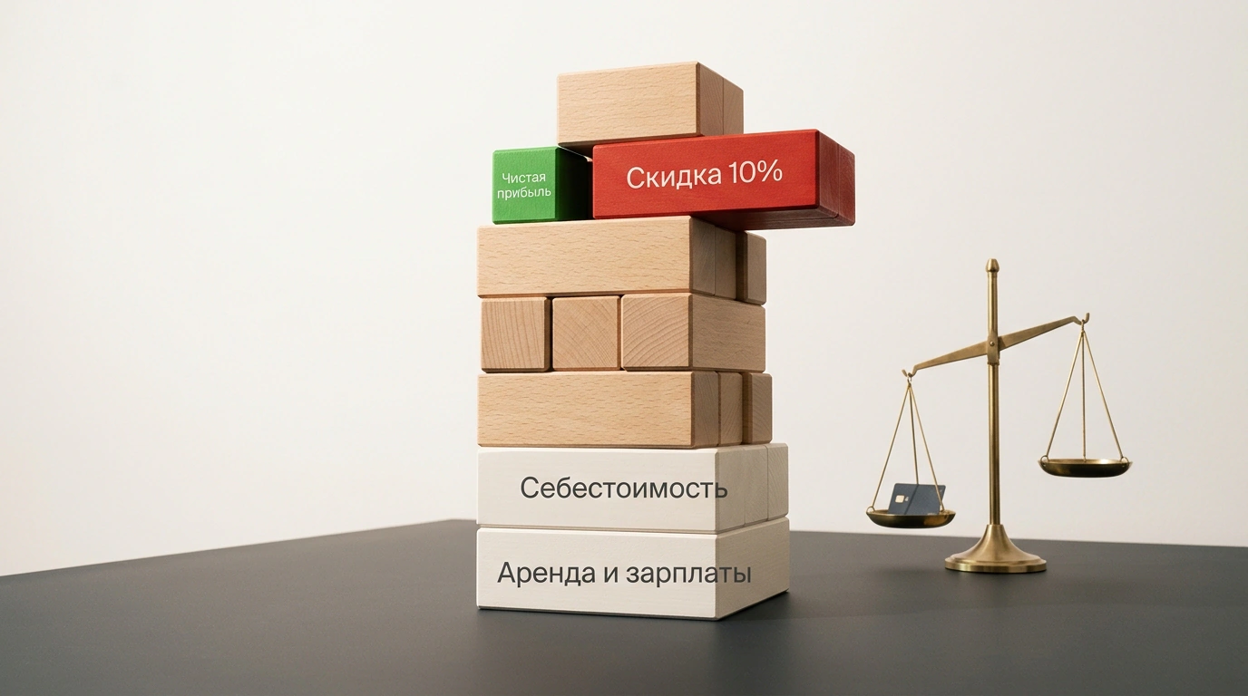 Конструктор из деревянных геометрических блоков, демонстрирующий баланс скидки и чистой прибыли бизнеса.