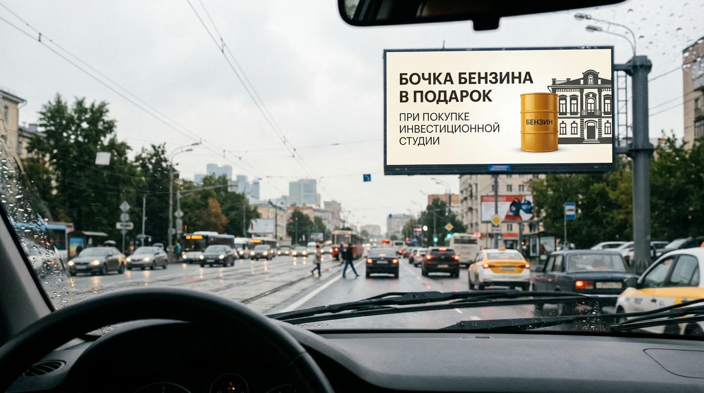 Кадр из окна автомобиля на оживленную улицу с цифровым рекламным щитом девелопера и абсурдным слоганом.