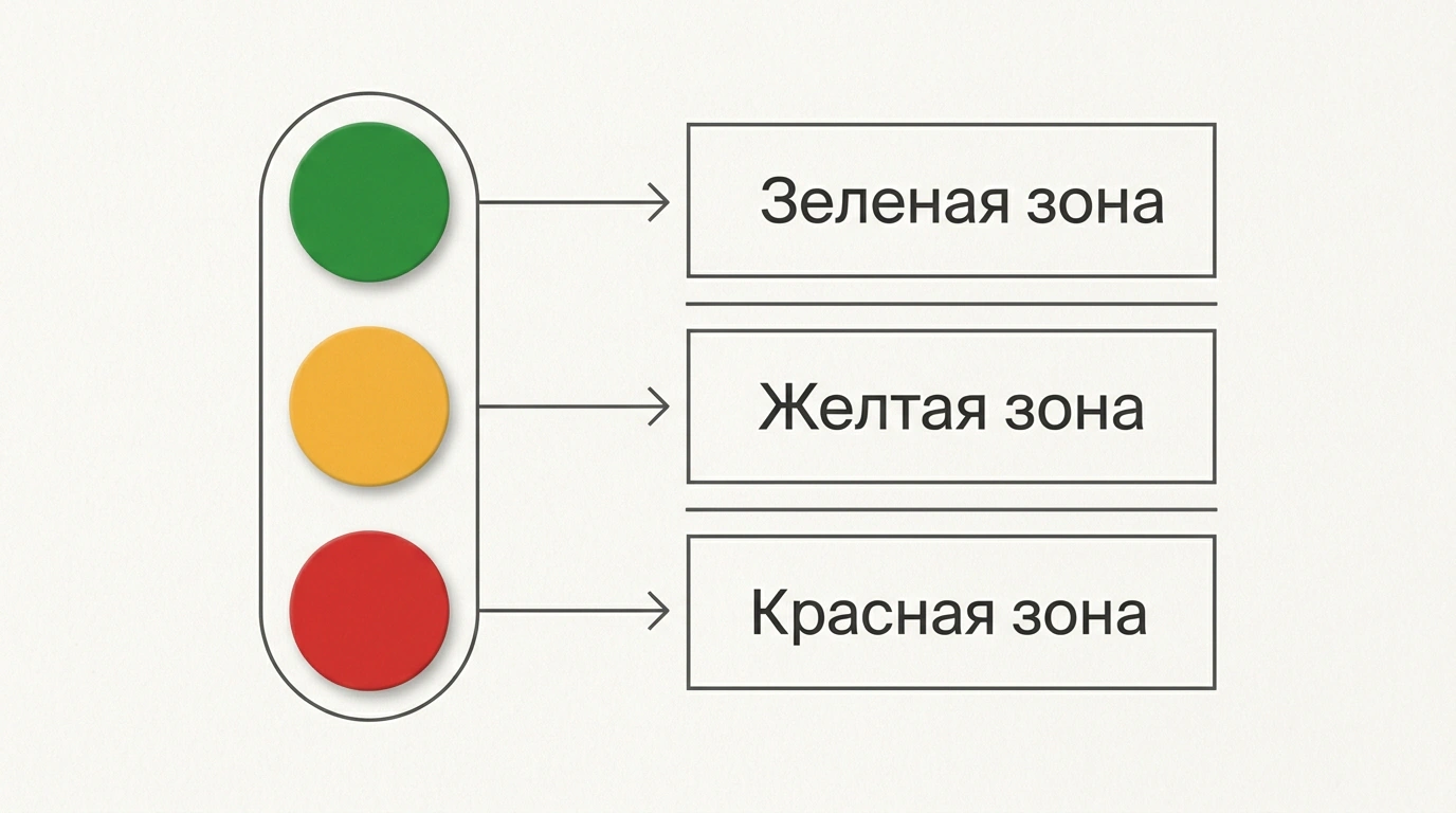 Минималистичный плакат со светофором решений и карточками фильтрации рекламных объявлений