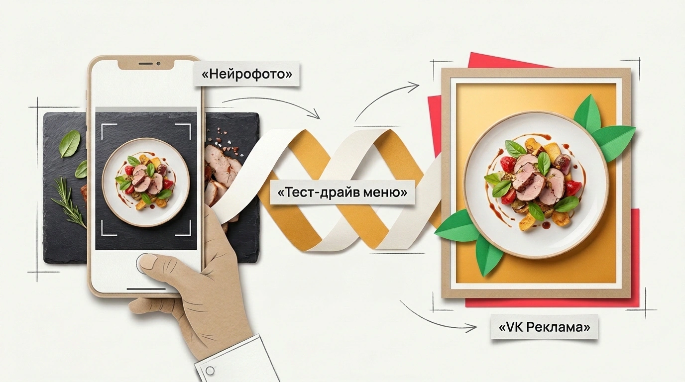 Коллаж процесса создания ресторанного меню с мобильной фотосъёмкой и нейросетевой генерацией кадра блюда