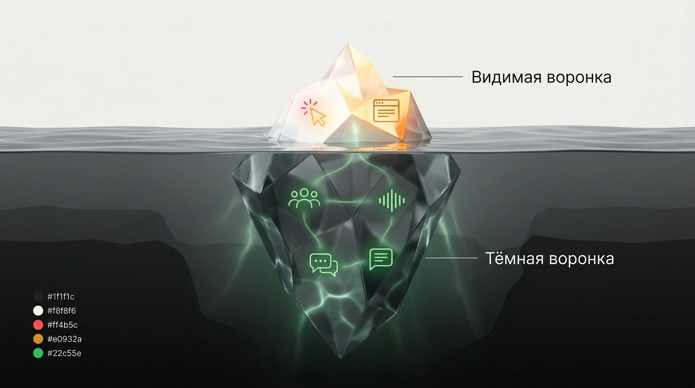 Концептуальная сцена айсберга тёмной воронки B2B с видимой веб-аналитикой над водой и скрытыми каналами на глубине