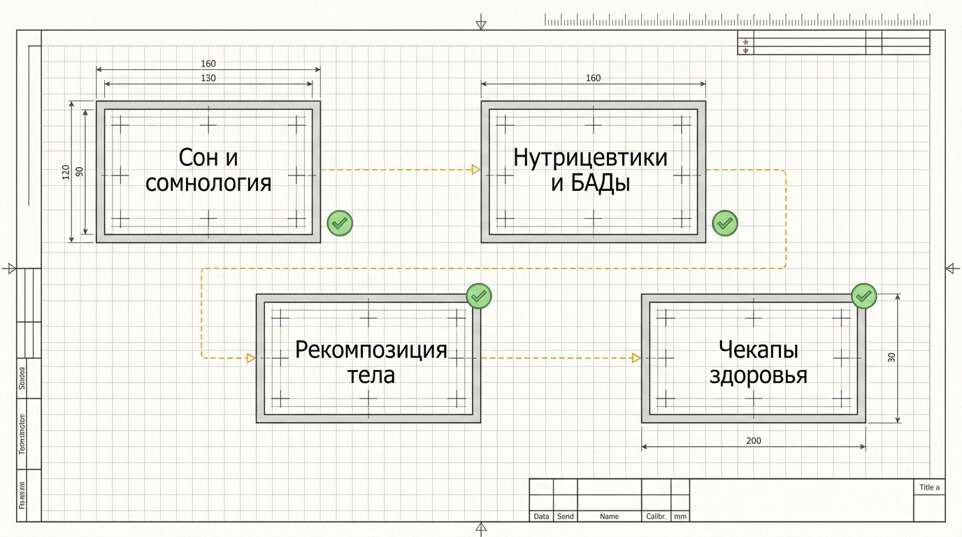 Инфографический чертёж медицинской рекламной кампании с целевыми карточками направлений на миллиметровой бумаге.