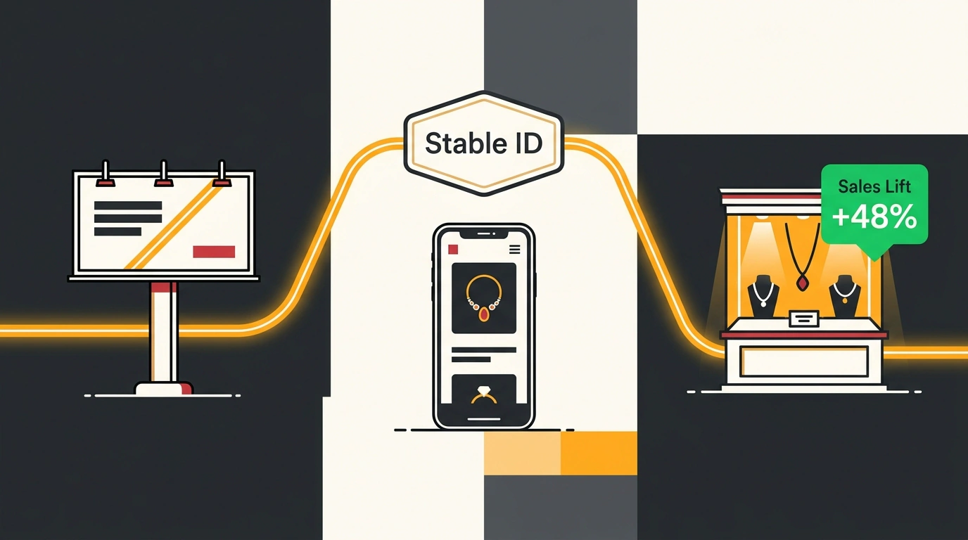 Плакатная графика со световой траекторией Stable ID между городским билбордом, смартфоном и витриной.