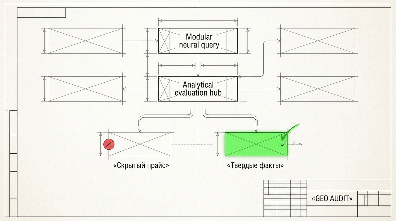 Инфографический чертёж Patent Blueprint, демонстрирующий механизм видимости сайта в ответах нейросетей