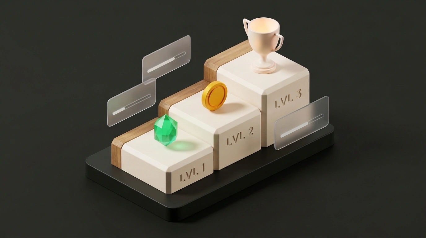 Изометрическая 3D-модель многоуровневого пьедестала с кубками и лестницей наград активности в Telegram