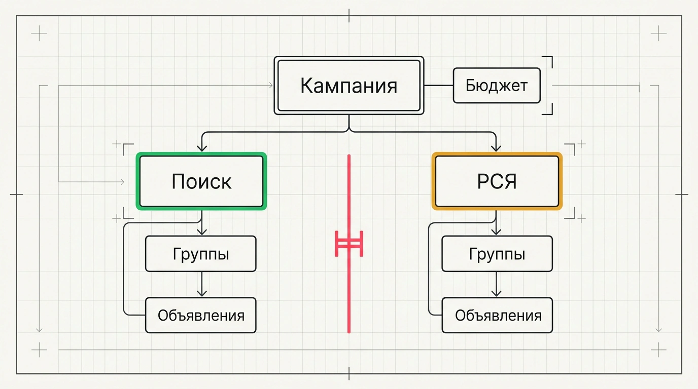 Инфографический чертёж-схема трехуровневой архитектуры ЕПК с разделением веток «Поиск» и «РСЯ» на фоне цвета warm white с графитовыми контурами и цветовыми акцентами.