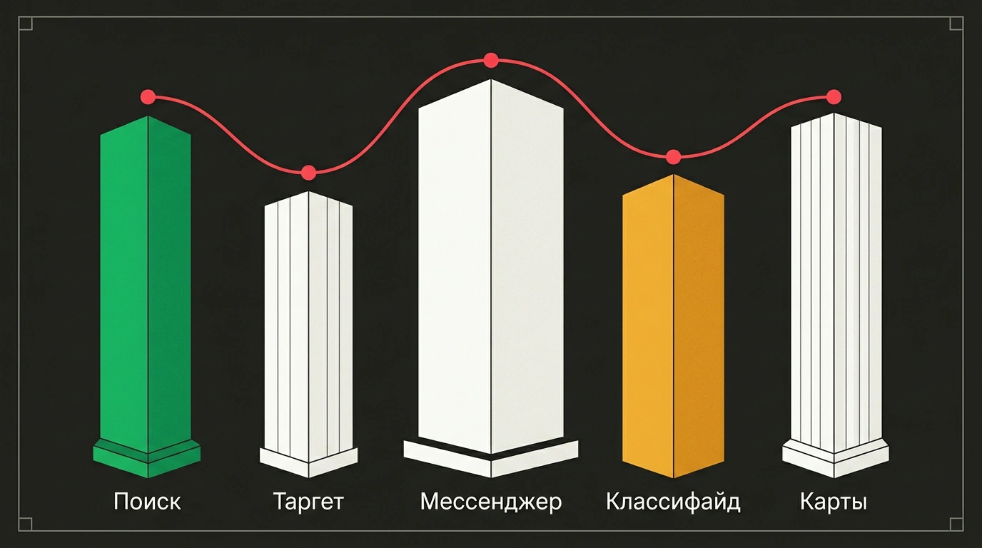 Концептуальная плакатная журнальная графика с пятью сбалансированными разновысокими колоннами рекламных каналов и распределением бюджета на графитовом фоне.