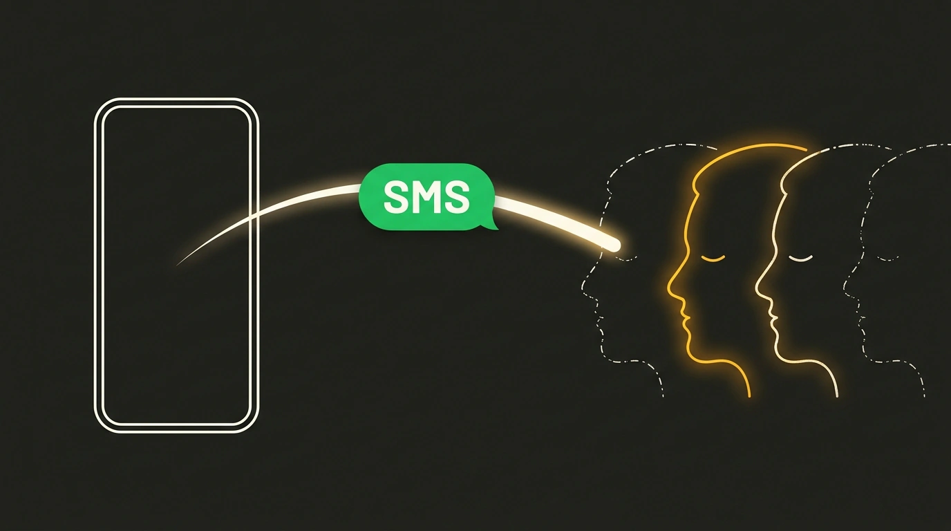 Минималистичный плакат со смартфоном, из которого вылетает точечное SMS-сообщение цвета green к пробуждающимся контурам клиентов.