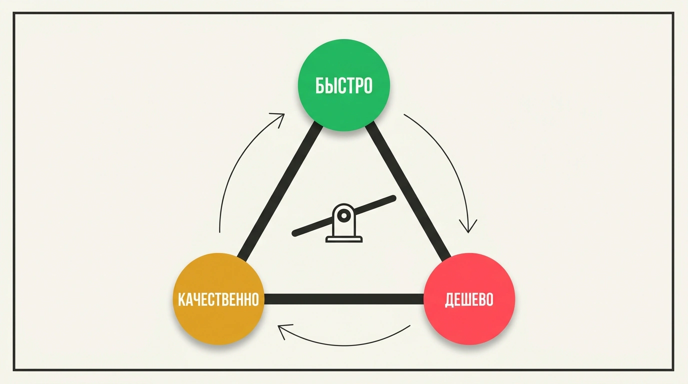 Графическая диаграмма компромиссов в SMM в виде треугольника «быстро, качественно, дешево» со сбалансированным центром.