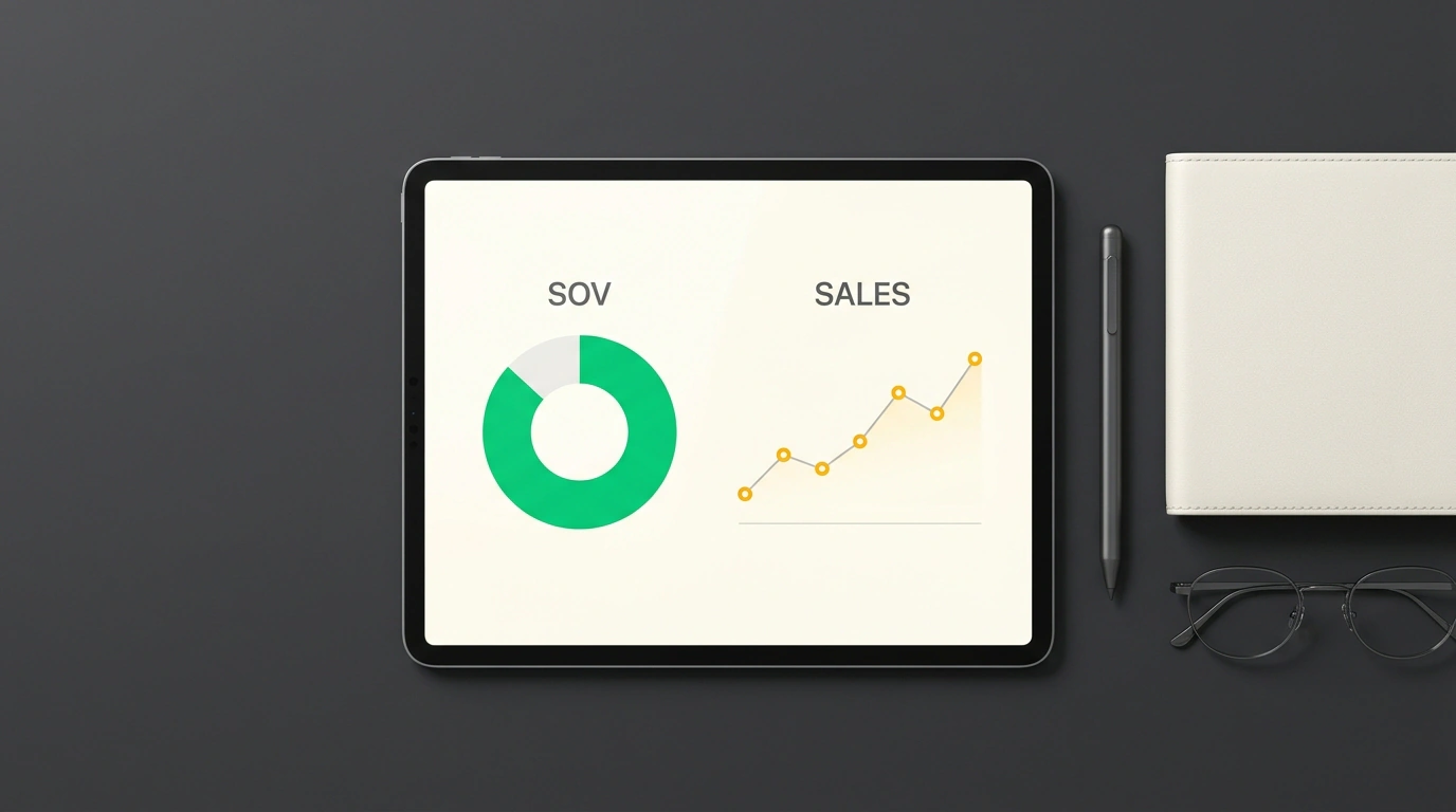 Рабочий стол коммерческого директора с планшетом медиааналитики, сопоставляющим долю голоса Share of Voice и продажи.