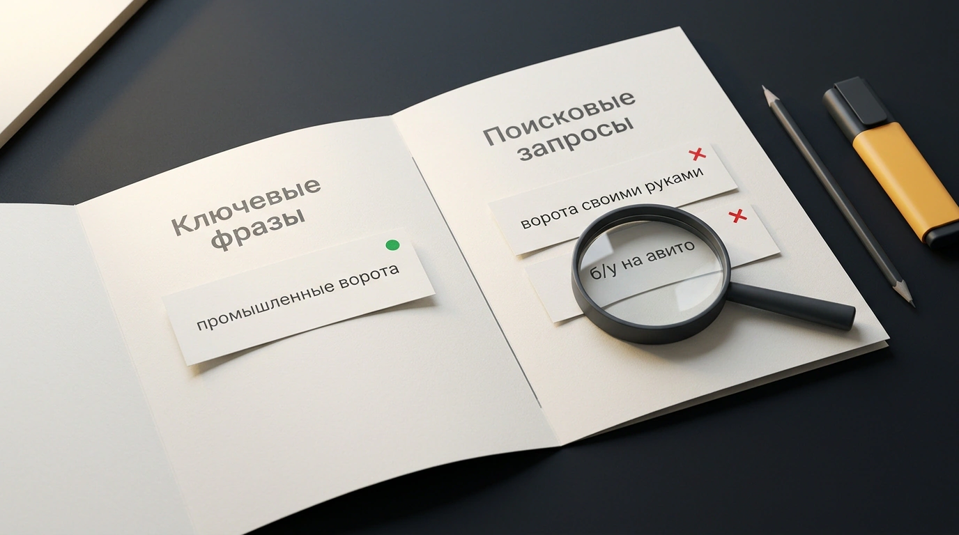 Предметный натюрморт с папкой документов, лупой и карточками ключевых фраз и нецелевых поисковых запросов на графитовом столе.