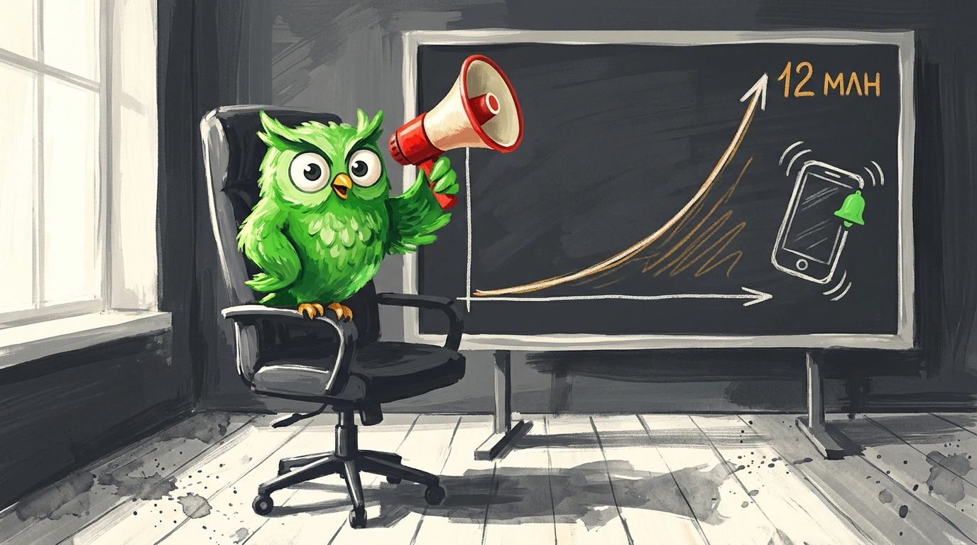 Живописный этюд с озорной зеленой совой Duolingo в офисном кресле с красным мегафоном на фоне графитовой доски с графиком вовлечения.