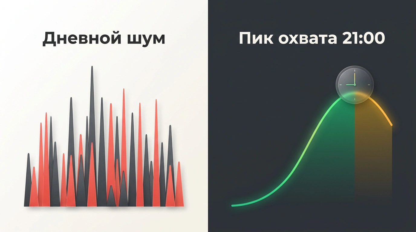 Минималистичная инфографическая диаграмма парадокса ночной вовлеченности в мессенджере MAX: спад дневного информационного шума и ночной пик внимания.