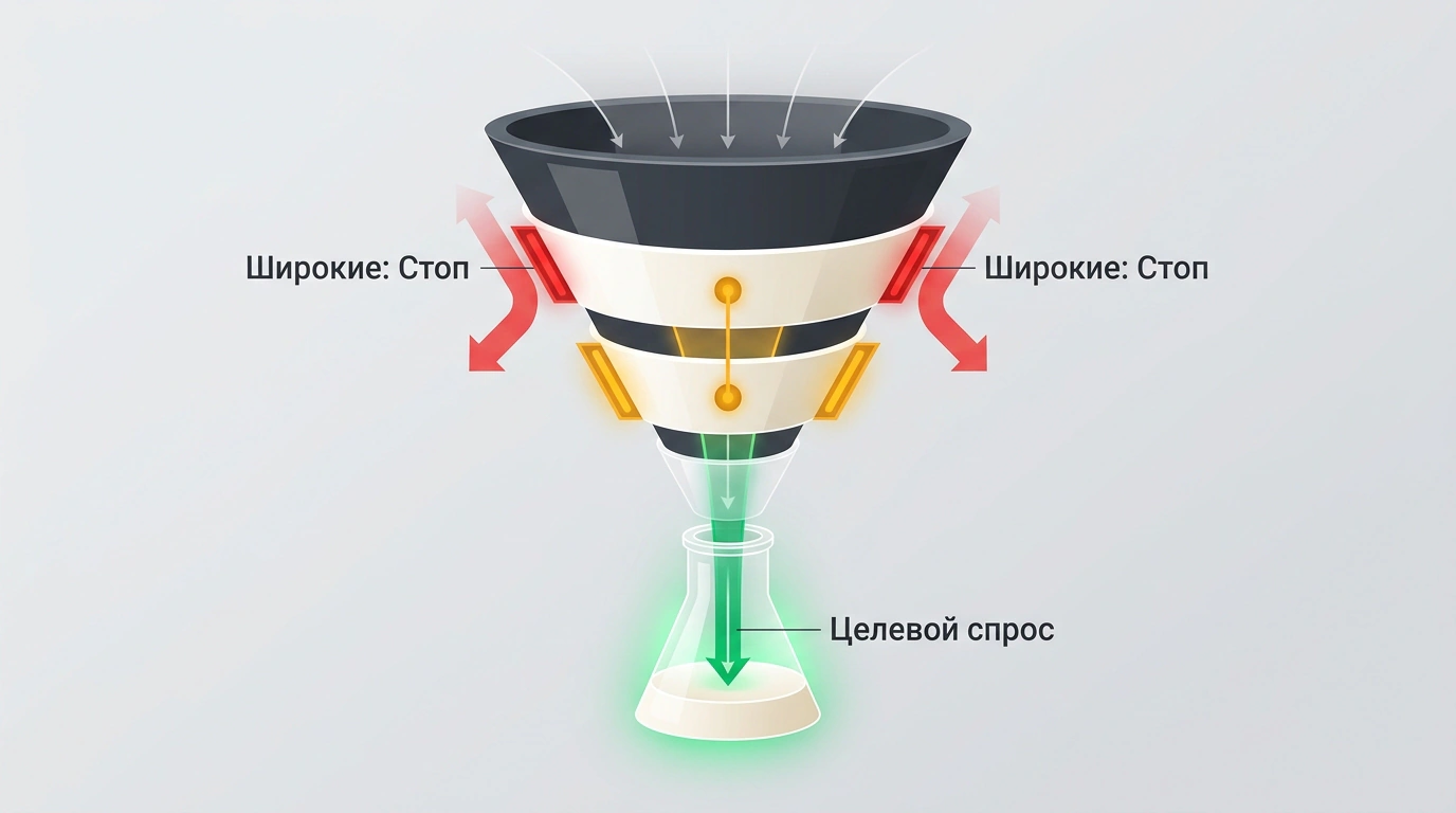 Концептуальная схема селекции поисковых запросов в автотаргетинге Яндекс Директа: отсечение нерелевантного трафика через систему фильтров.