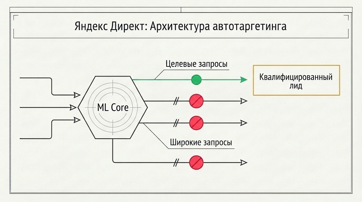 Инфографический патентный чертеж внутренней логики автотаргетинга Яндекс Директа с фильтрацией целевых и широких запросов.