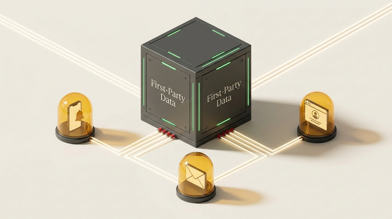Изометрическая модель защищенного корпоративного хранилища данных Customer Data Platform с исходящими персонализированными каналами.