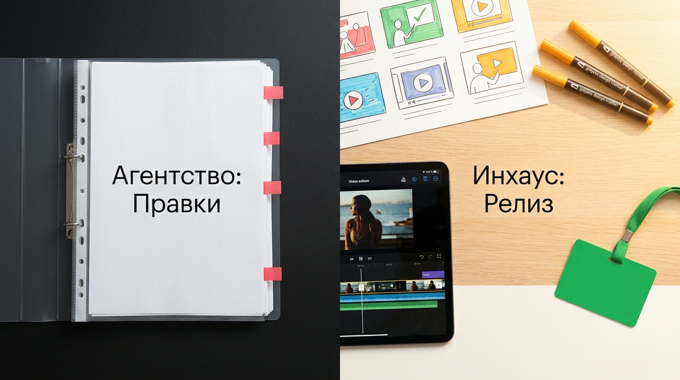 Сплит-натюрморт двух подходов к креативам: стерильная кипа согласований внешнего агентства против живой студийной доски инхаус-команды.