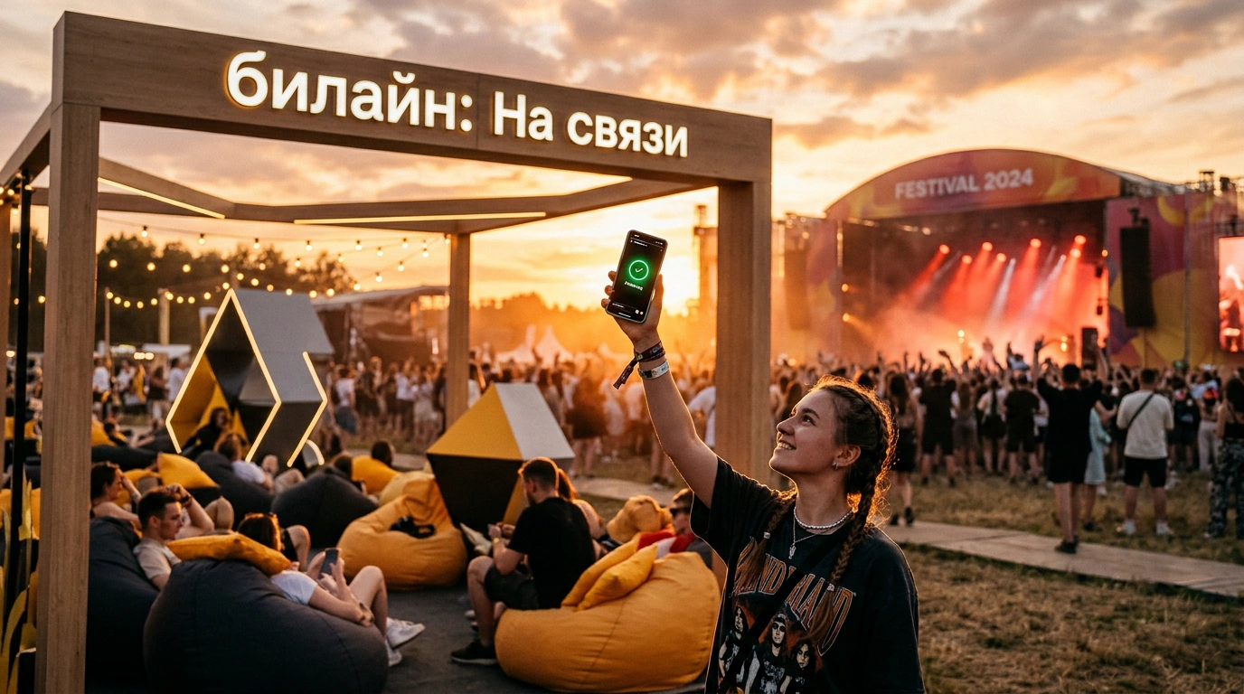 Атмосферный кадр с открытого музыкального фестиваля: брендированная лаунж-зона с желто-черными элементами в лучах заката.