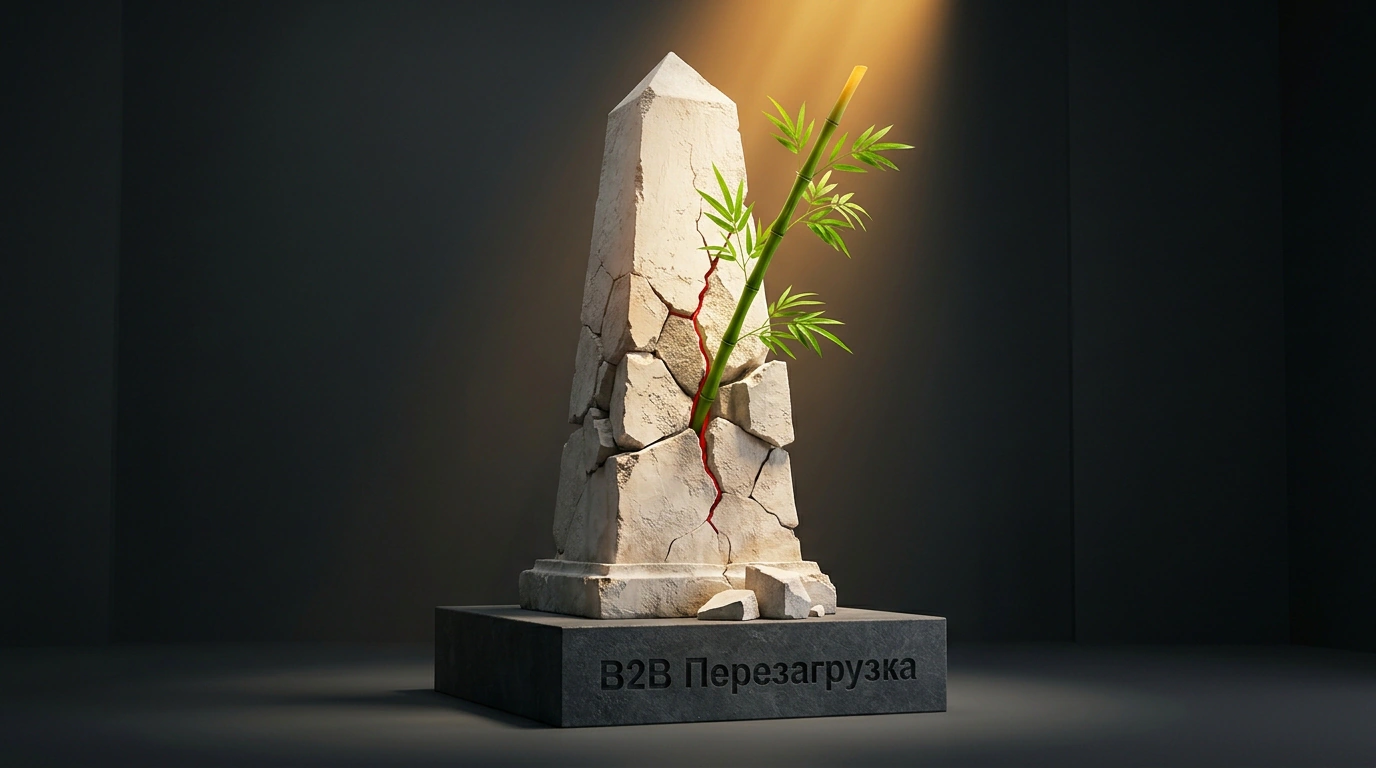 Скульптурная метафора слома старого B2B-маркетинга: расколотый гипсовый обелиск устаревших лид-магнитов и живой росток прямых экспертных связей.