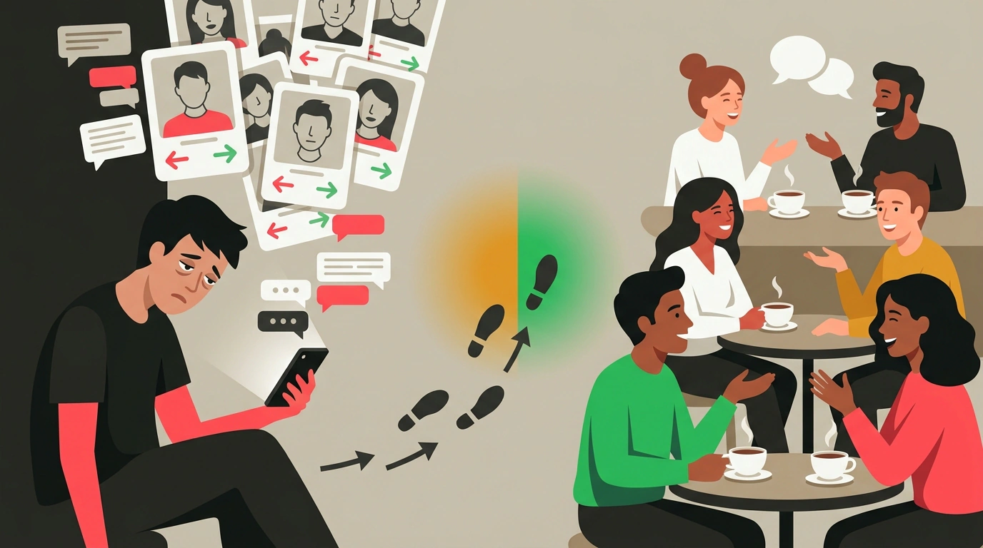 Преодоление Dating App Fatigue: переход от эмоционального истощения и бесконечного свайпинга в телефоне к осознанной паузе и живому общению офлайн.