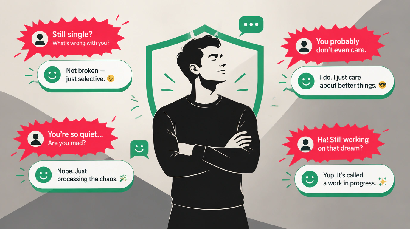 Редакционная иллюстрация: уверенный мужчина перед экраном смартфона с провокационными сообщениями и спокойными ответами.
