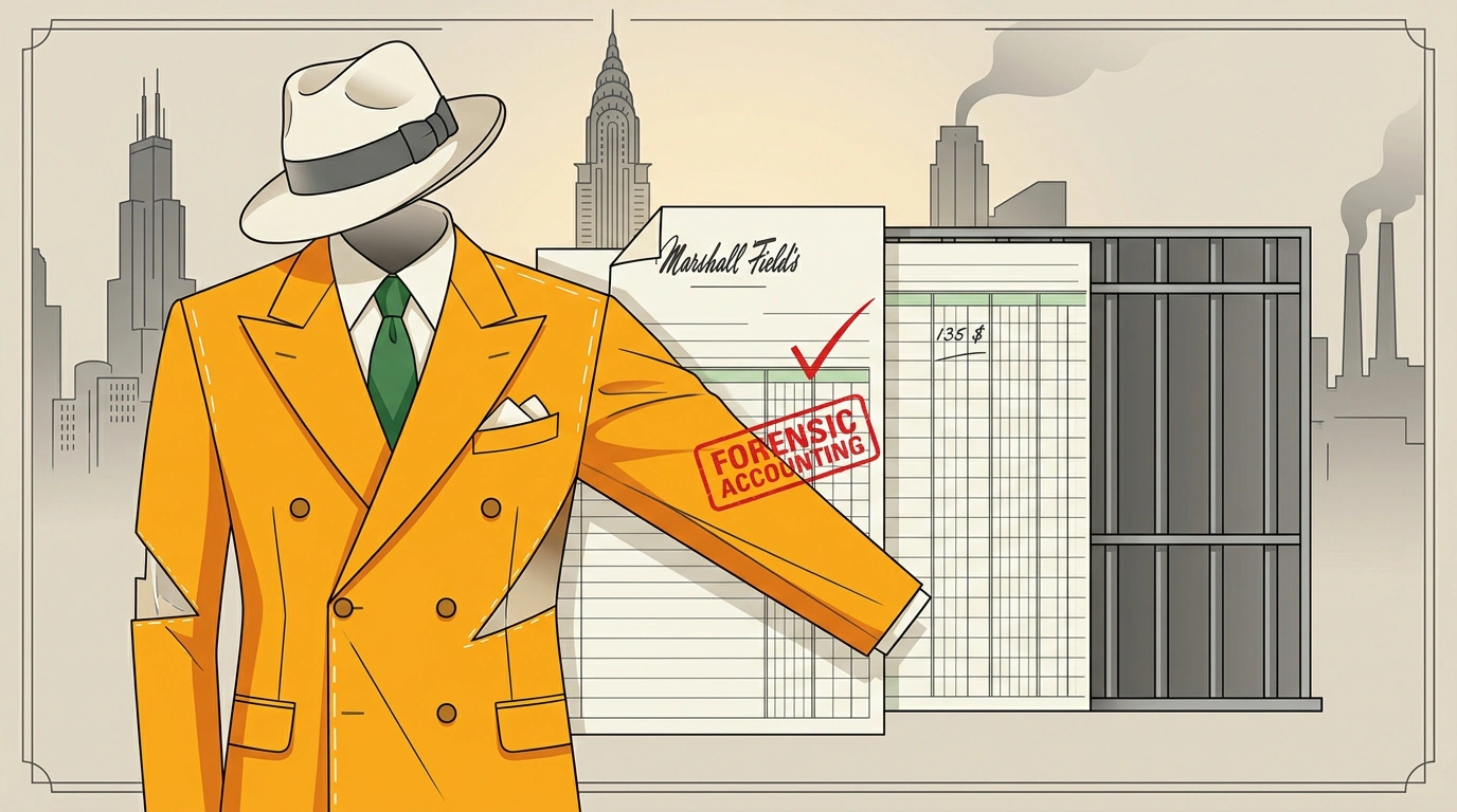 Концептуальная эдиториал-иллюстрация: канареечный bespoke-пиджак и фетровая шляпа гангстера, силуэты чикагских небоскребов 1920-х годов и страницы гроссбуха ателье, превращающиеся в графитовые тюремные решетки.