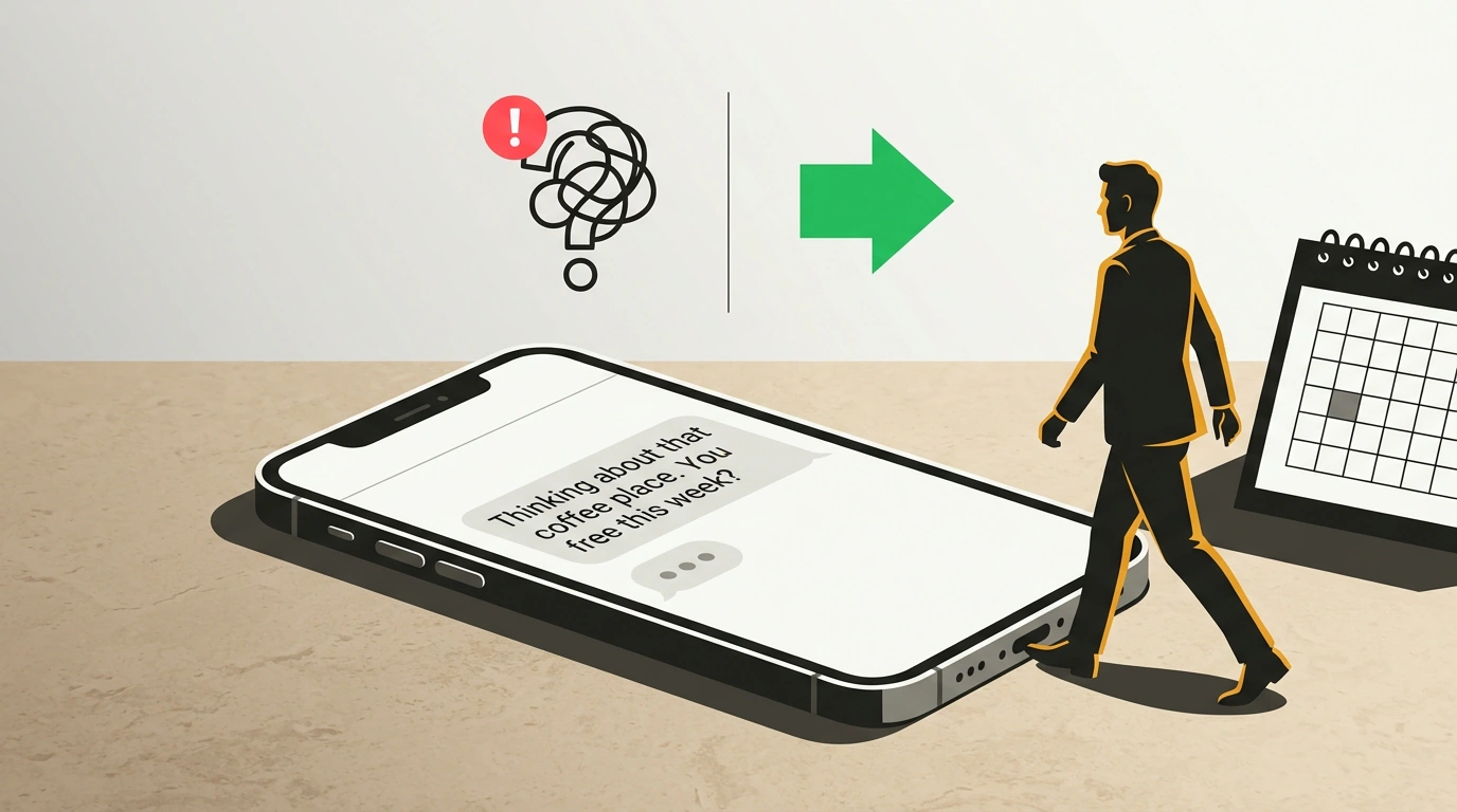 Редакционная иллюстрация мужского самоуважения в общении: смартфон с застывшим диалогом, калибровка взаимности и уверенный шаг вперед без навязчивости.