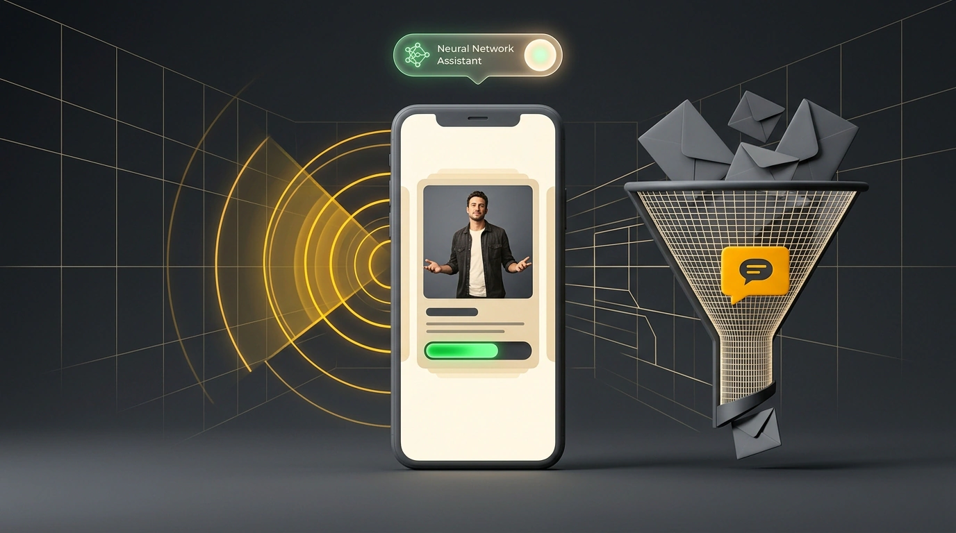 Смартфон с профилем дейтинга на фоне расходящихся алгоритмических волн, фильтра сообщений и символов аналитики