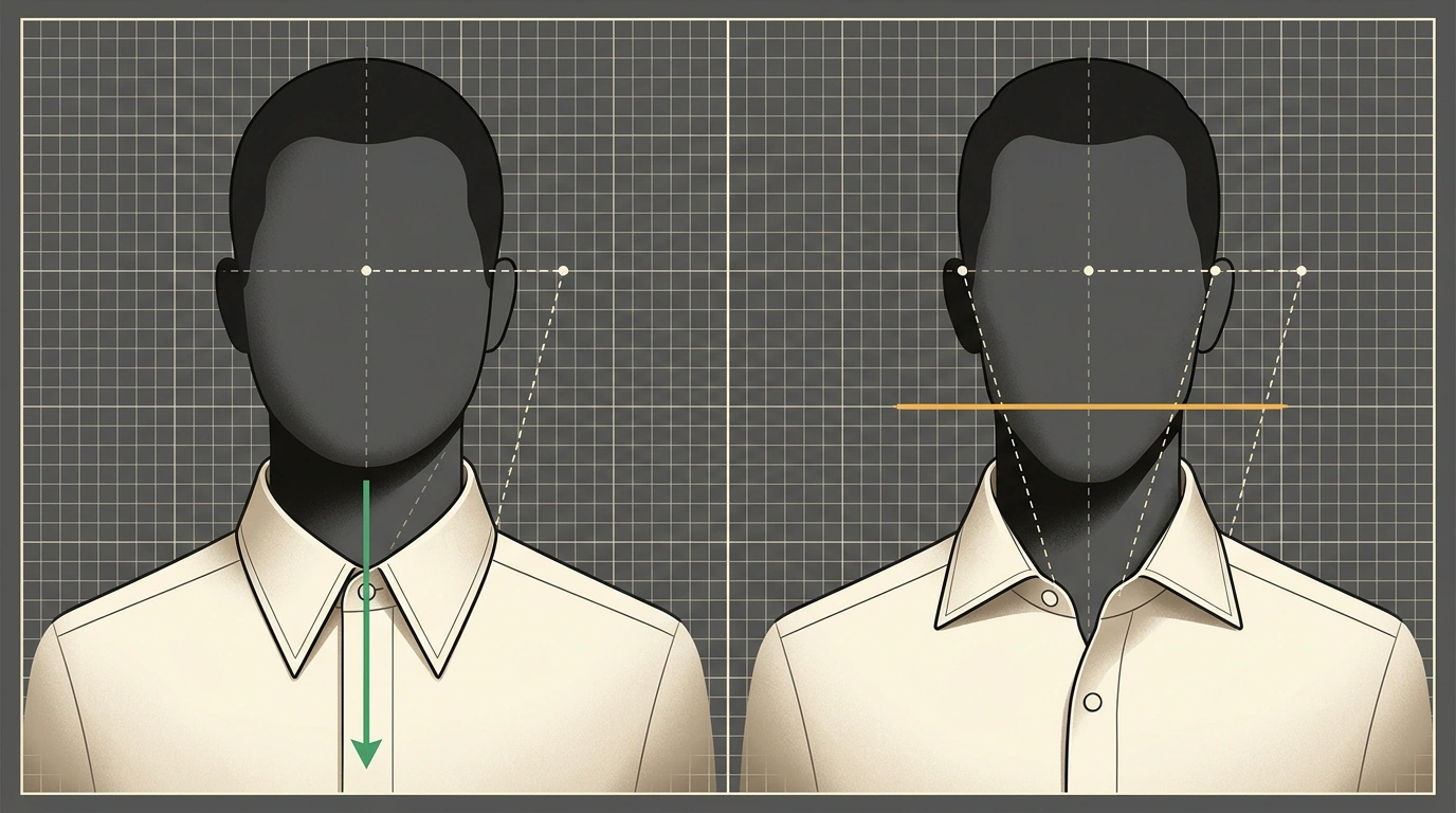 Сравнение воротников сорочки: узкий point collar для круглого лица и широкий spread collar для узкого лица