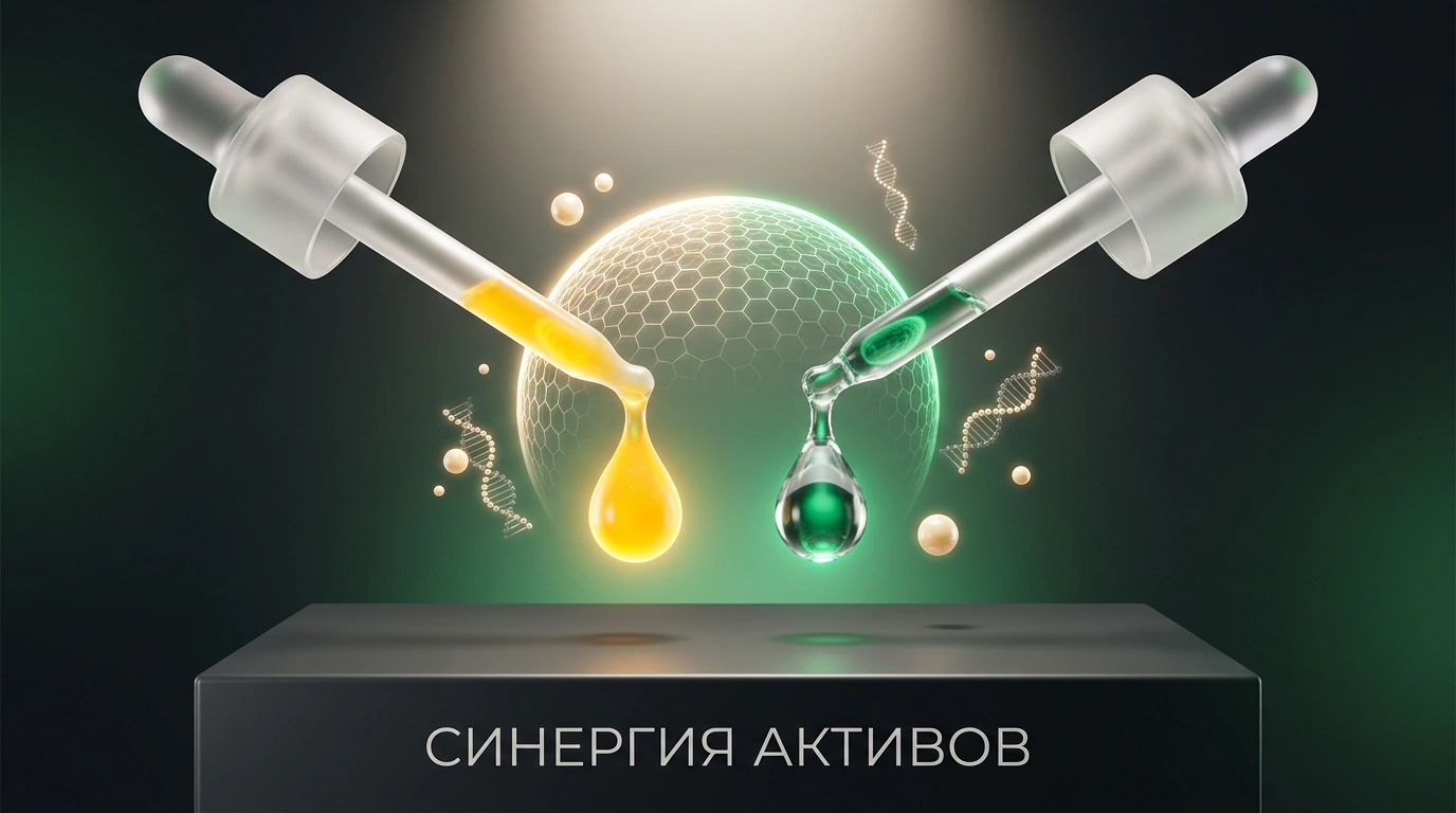 Две лабораторные сыворотки с сияющими каплями и защитным барьером из микроструктур на графитовом фоне