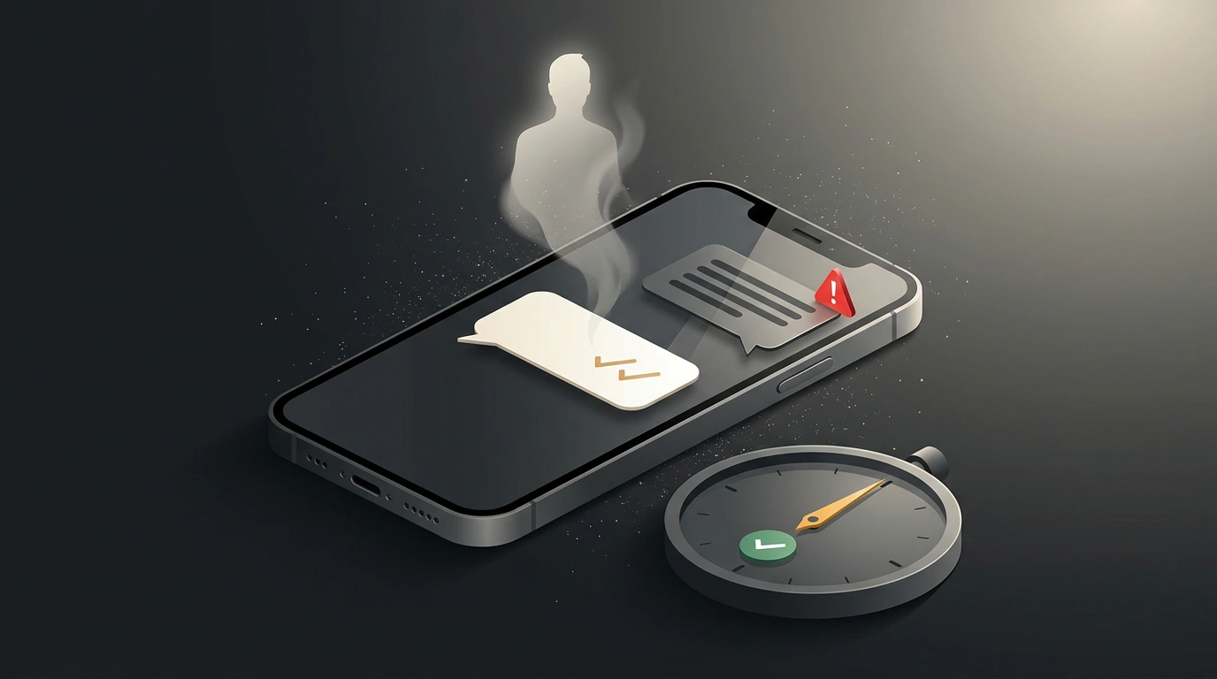 Смартфон с исчезающим фантомным силуэтом сообщения и стрелкой спокойной выдержки на графитовом фоне