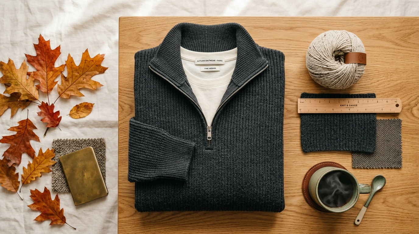 Осенний мужской гардероб с фактурным вязаным джемпером half-zip, свитшотом и мотками мериносовой пряжи на деревянном столе.