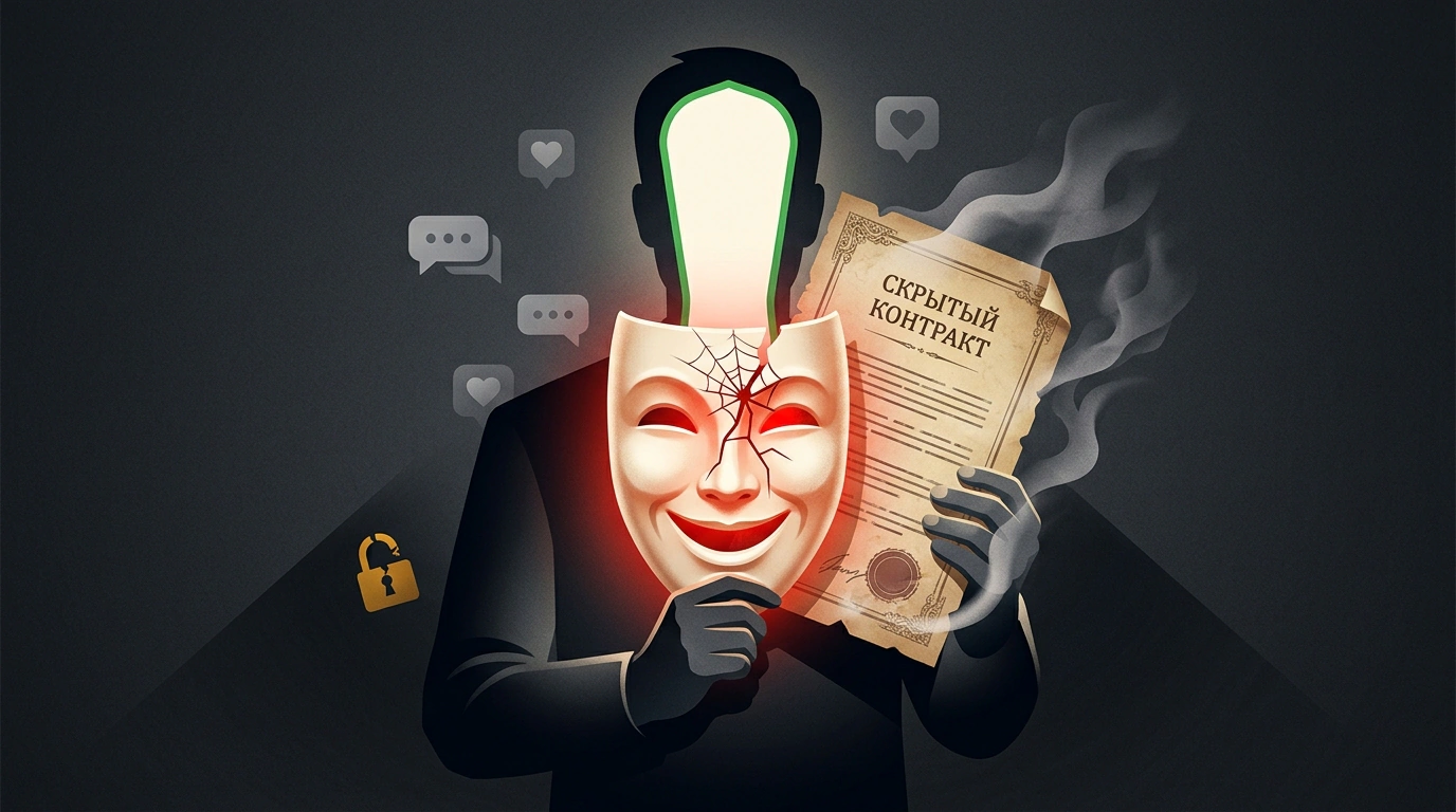 Концептуальная иллюстрация ловушки угодничества и скрытого контракта с треснувшей маской идеальности