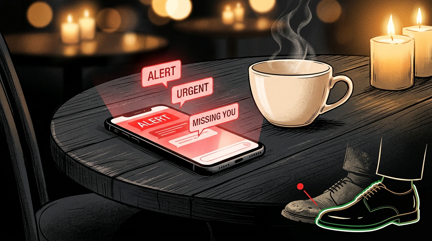 Иллюстрация ключевых ошибок на первом свидании: светящийся смартфон, неряшливая обувь и знак внимания